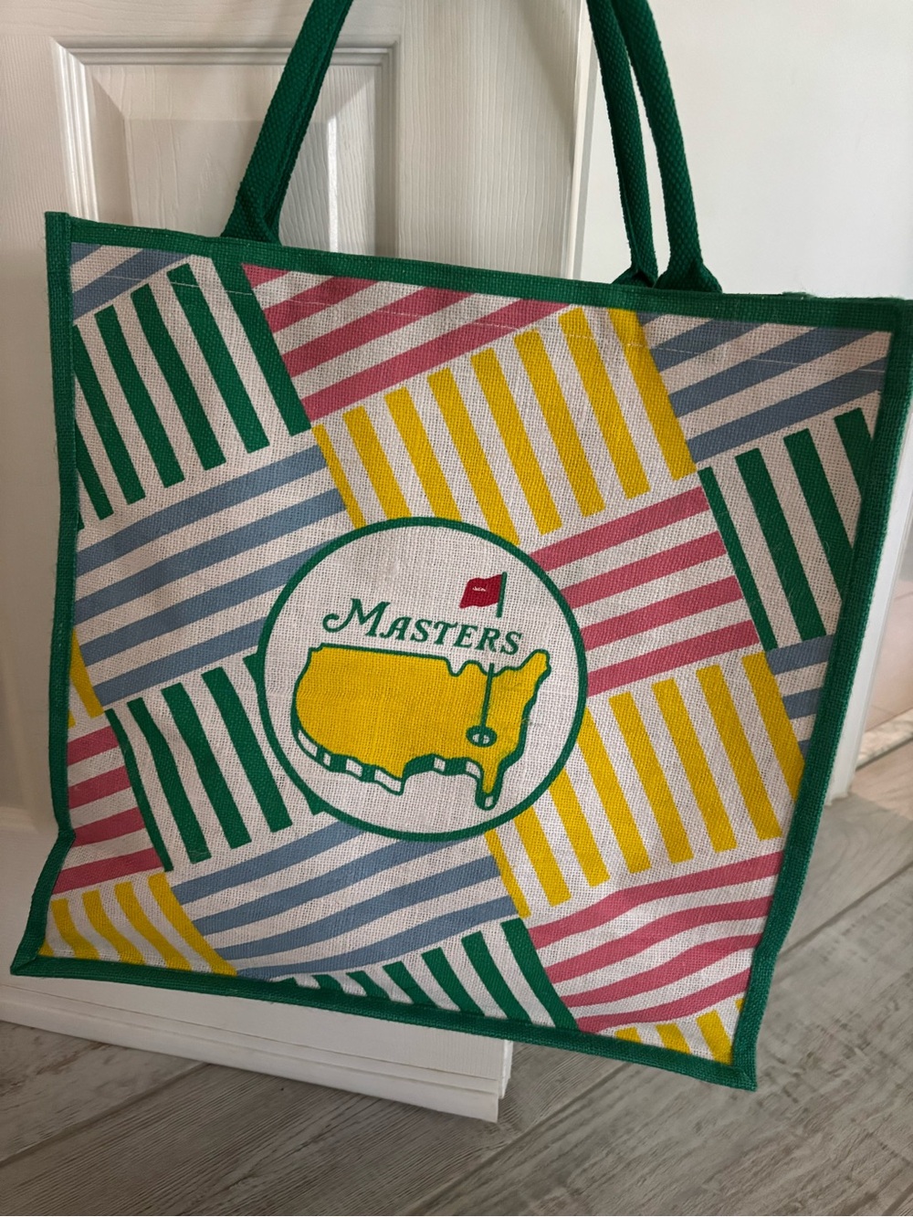 New 2026 Masters Colorful Striped Canvas Tote with Green Trim